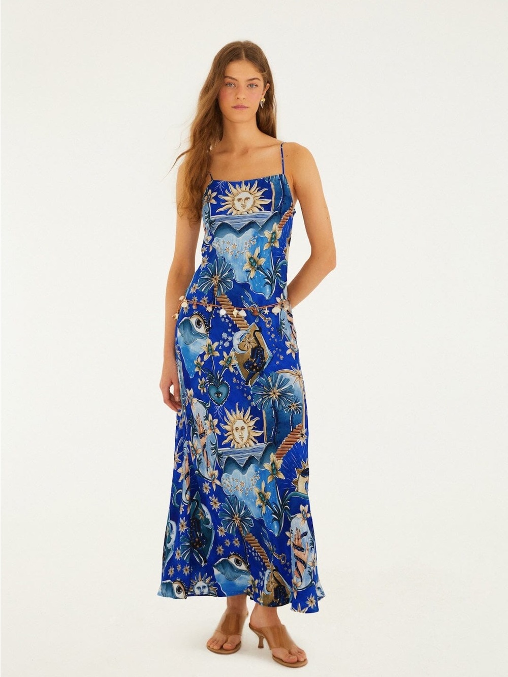 NWT  FARM Rio Blue Celestial Print Slip Maxi Dress XL